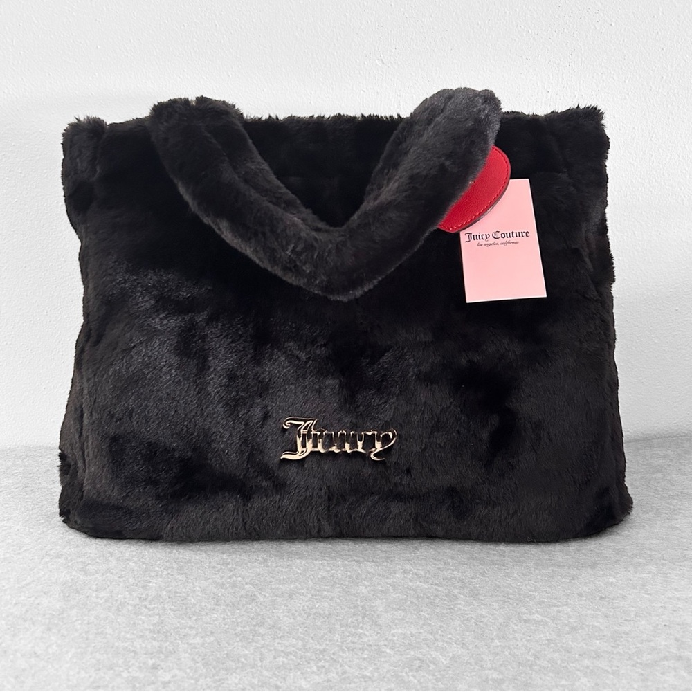 Juicy Couture Faux Fur Black Tote Bag Shoulder Bag W/ Heart Charm